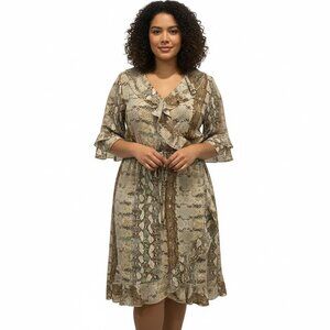 🐍Dex Beige and Brown Snake Print knee length dress. Stylish & flattering.